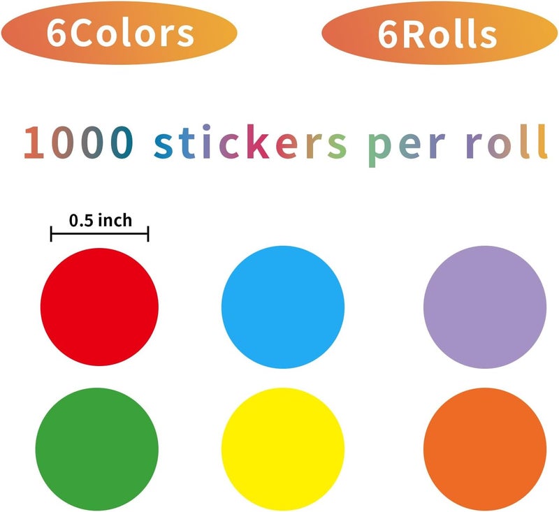 Yeachlaing 6000 PCS 0.5 Inch Color Coding Labels Circle Dot Stickers,Can Writing for Office,Student Classroom and Other Scenarios (6 Rolls,1000 Labels Per Roll) - Image 2